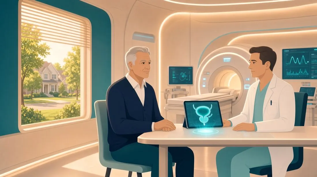 Illustrazione di un paziente e di un urologo che osservano insieme uno schema della prostata su un tablet, in un ambulatorio moderno.
