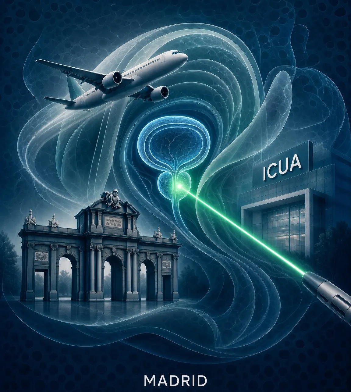 Illustrazione: un aereo sopra la Puerta de Alcalá di Madrid, uno schema della prostata con il laser che segue il piano anatomico e l’edificio di ICUA.