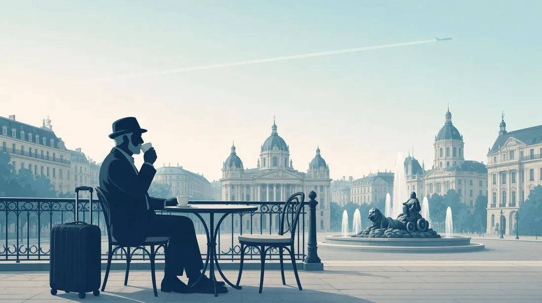 Illustrazione di un viaggiatore su una terrazza di Madrid, con la fontana di Cibele sullo sfondo.